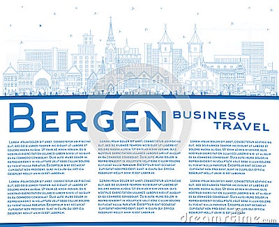 Outline Bergen Norway City Skyline with Blue Buildings and copy space. Bergen Cityscape with Landmarks. Business Travel and Stock Photo