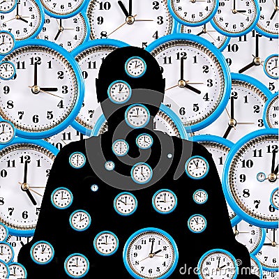 The outline of the black figure of a seated person inside which clock mechanisms are chaotically placed Stock Photo