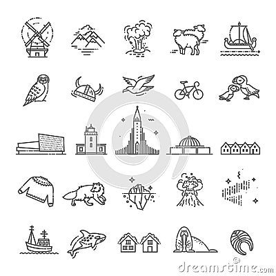 Iceland icons. Tourism and attractions, thin line design Vector Illustration