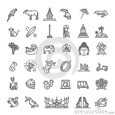 Indonesia icons set. Attractions, line design. Tourism in Indonesia, isolated vector illustration. Traditional symbols Vector Illustration