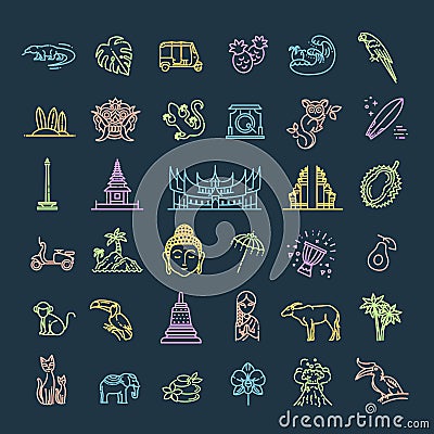 Indonesia icons set. Attractions, line design. Tourism in Indonesia, isolated vector illustration. Traditional symbols Vector Illustration