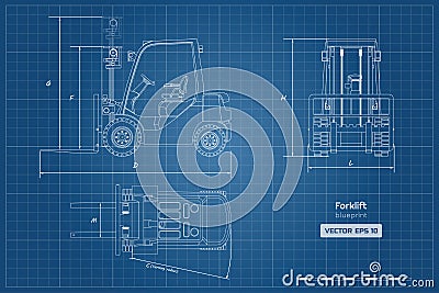 Outline blueprint of forklift. Top, side and front view. Hydraulic machinery image. Industrial document with loader Vector Illustration