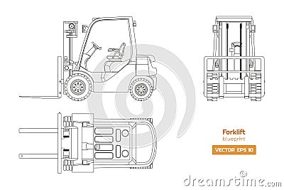 Outline blueprint of forklift. Top, side and front view. Hydraulic machinery image. Industrial isolated loader Vector Illustration