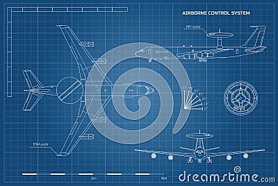 Outline blueprint of military aircraft. Top, front and side view. Army airplane with airborne warning and control system Vector Illustration