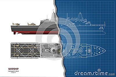 Outline blueprint of military ship. Top, front and side view. Battleship 3d model. Industrial isolated drawing of boat. Vector Illustration