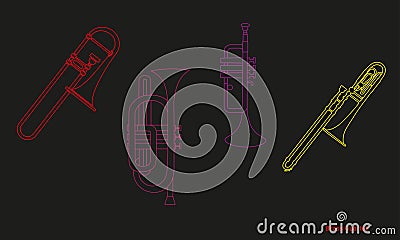 Outline brass quartet as trumpet, cornet, trombone and bass trombone musical instruments contour Vector Illustration