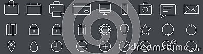 Outline business icons collection. Isolated linear office set. Calendar and printer symbols. Computer and laptop pictograms. Lock Vector Illustration