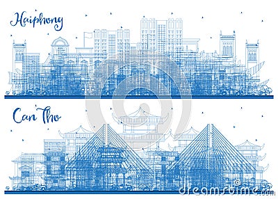 Outline Can Tho and Haiphong Vietnam City Skylines Set with Blue Buildings Stock Photo