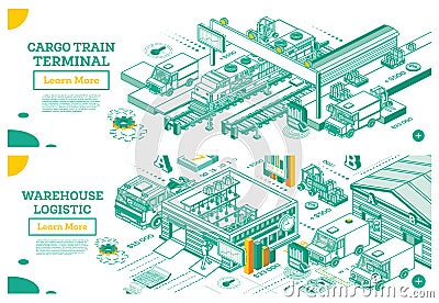 Outline Cargo Train Terminal. Isometric Railroad Station. Warehouse Exterior Stock Photo