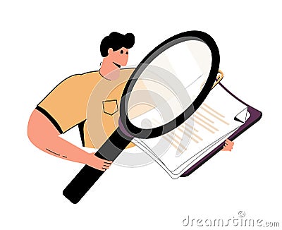 Outline cartoon man with a loupe and report making research, he looking for something in the document. Marketing, audit Vector Illustration