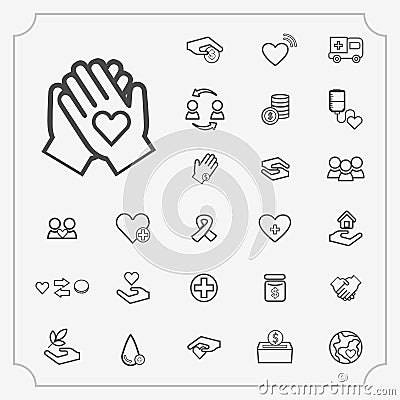 Outline Charity vector icons set on gray Stock Photo
