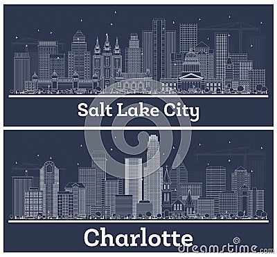 Outline Charlotte North Carolina and Salt Lake City Utah City Skylines with White Buildings Stock Photo