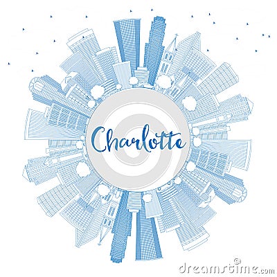Outline Charlotte Skyline with Blue Buildings and Copy Space. Stock Photo
