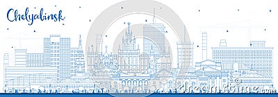 Outline Chelyabinsk Russia city skyline with blue buildings. Chelyabinsk cityscape with landmarks. Business travel and tourism Cartoon Illustration