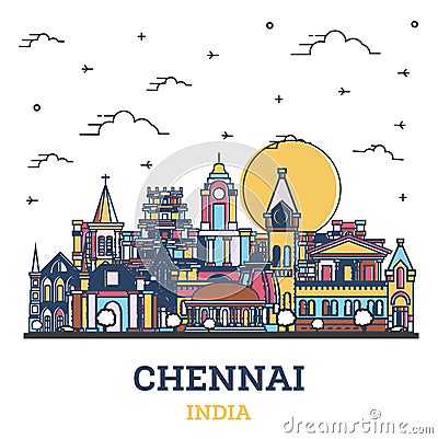 Outline Chennai India City Skyline with Colored Historic Buildings Isolated on White Stock Photo