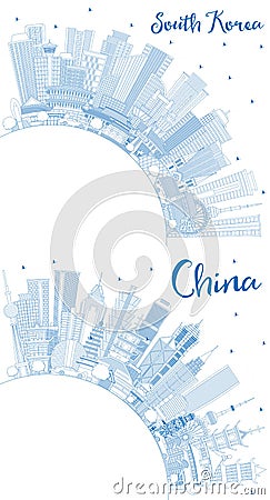 Outline China and South Korea City Skyline Set Stock Photo