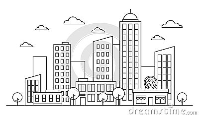 Outline cityscape skyline landscape design concept with buildings, scyscrapers, donut shop cafe trees, clouds. Vector Illustration
