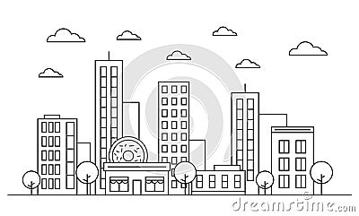 Outline cityscape skyline landscape design facade concept with buildings, scyscrapers, donut shop cafe trees, clouds. Vector Vector Illustration