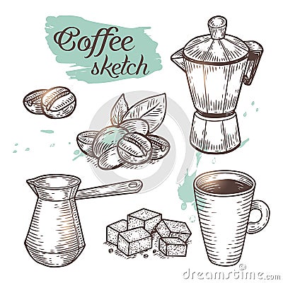 Outline coffee elements isolated on background. Vector Illustration