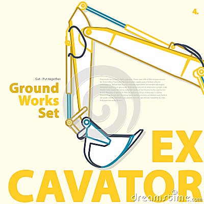 Outline color set with excavator part. Typographic layout themed earthworks. Vector Illustration