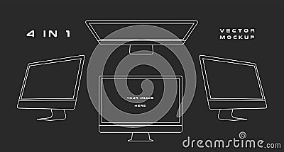 Outline computer monitor isolated on black background. Can use for template presentation, web design and ui kits. White Vector Illustration