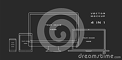 Outline computer monitor, laptop, tablet, smartphone isolated on black background. Can use for template presentation Vector Illustration