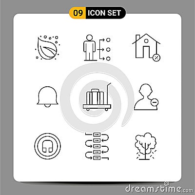 9 Outline concept for Websites Mobile and Apps baggage, sign, male, bell, house Vector Illustration