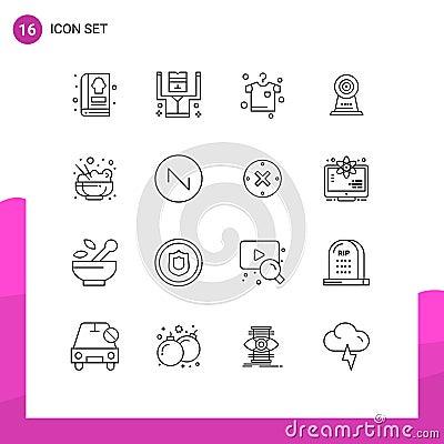 16 Outline concept for Websites Mobile and Apps rice, chinese, clothes, hotel, webcam Vector Illustration