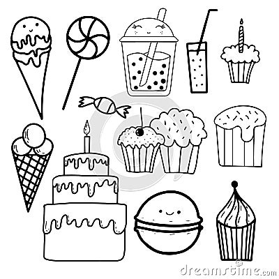 Outline confection set, great design for any purposes. Vintage food sketch set. Line texture background. Icon collection Vector Illustration