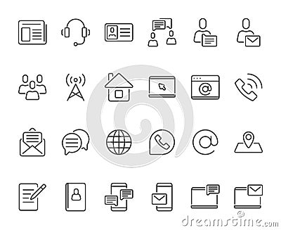 Outline contacts icons. Mobile phone contact icon, mailbox new email and line telephone address book vector set Vector Illustration