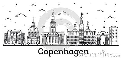 Outline Copenhagen Denmark City Skyline with Historic Buildings Isolated on White Stock Photo