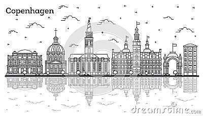 Outline Copenhagen Denmark City Skyline with Historic Buildings and Reflections Isolated on White Stock Photo