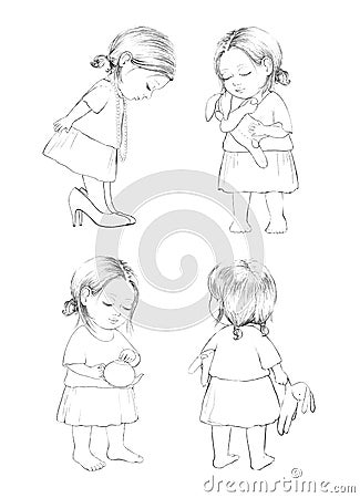 Graphic sketch with contour four girls with toys Cartoon Illustration