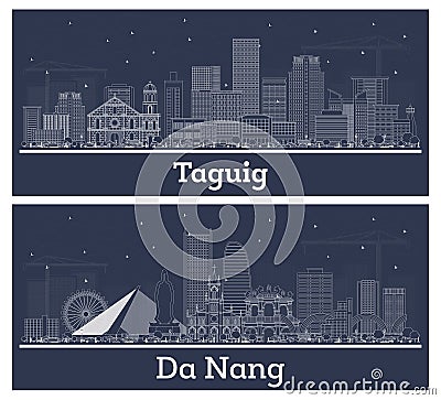 Outline Da Nang Vietnam and Taguig Philippines City Skyline Set with White Buildings Stock Photo