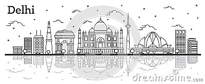 Outline Delhi India City Skyline with Historic Buildings and Reflections Isolated on White Stock Photo