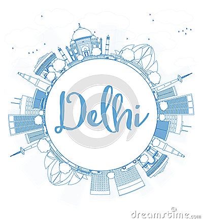 Outline Delhi skyline with blue landmarks and copy space. Cartoon Illustration