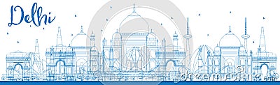 Outline Delhi skyline with blue landmarks. Cartoon Illustration