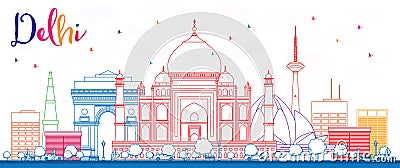 Outline Delhi Skyline with Color Buildings. Stock Photo