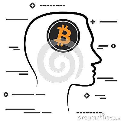 Outline icon with human head and black linear bitcoin Vector Illustration
