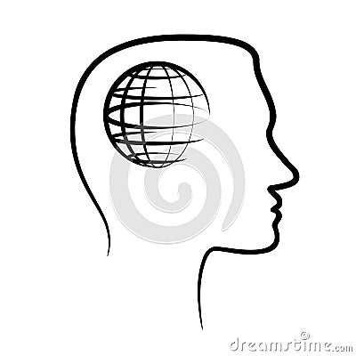 Outline design icon with human head, brain and globe planet. Abs Vector Illustration