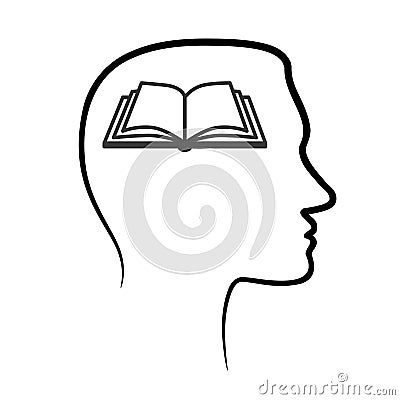 outline design icon with human head, brain and open book. Abstract outline Man head and open book icon. Face profile view Vector Illustration