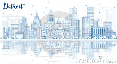 Outline Detroit Skyline with Blue Buildings and Reflections. Stock Photo