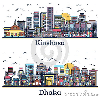 Outline Dhaka Bangladesh and Kinshasa Congo City Skyline Set Stock Photo