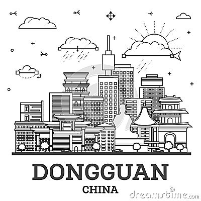 Outline Dongguan China City Skyline with Historic and Modern Buildings Isolated on White. Dongguan Cityscape with Landmarks Stock Photo