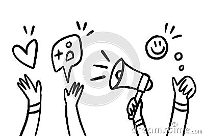 Outline doodle concept people applaud, hands up. Like, positive rating, ad barrier, new follower Vector Illustration