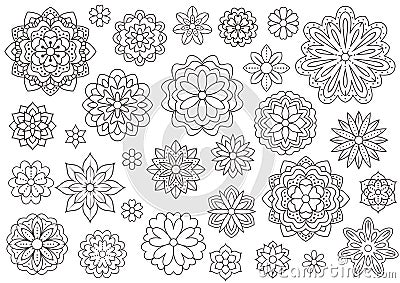 Outline doodle flowers for adult coloring book. Beautiful floral background for color artwork. Monochrome zentangle Vector Illustration