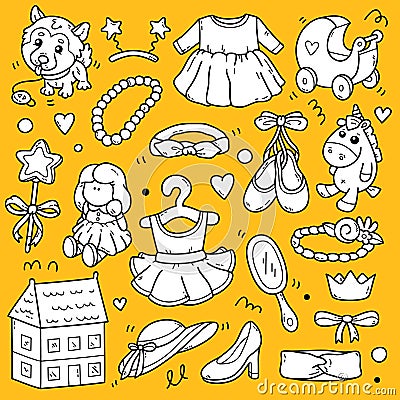 Outline doodles toys for girls Vector Illustration