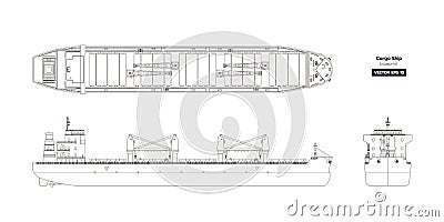 Outline drawing of cargo ship on a white background. Top, side and front view of tanker Vector Illustration