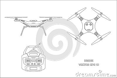 Outline drawing of drone on a white background. The control panel of quadrocopter . Front, top view Vector Illustration