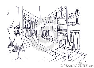 Outline drawing of fashionable clothing shop interior with furnishings, showcases, mannequins dressed in stylish apparel Vector Illustration